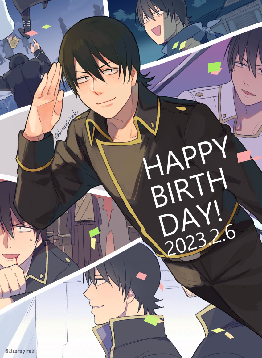 1boy absurdres black_eyes black_hair black_jacket blood blood_from_mouth collage collared_jacket dilated_pupils gintama happy_birthday highres jacket kisaragireki male_focus medium_hair open_mouth salute signature sleeves_rolled_up smile solo twitter_username yamazaki_sagaru