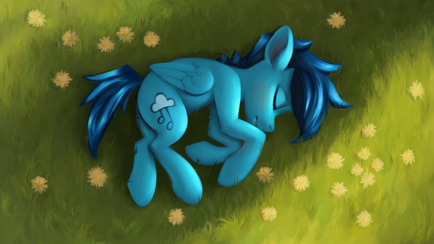 blue_body blue_fur blue_hair blue_mane blue_tail cutie_mark equid equine eyes_closed fan_character feathered_wings feathers feral flower folded_wings fur grass hair hasbro hi_res lying male mammal mane my_little_pony on_side pegasus plant replacer808 sleeping solo tail wings