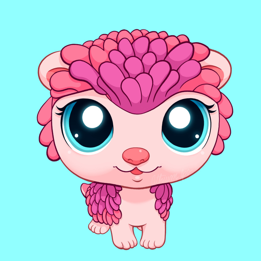 all_fours ambiguous_gender big_eyes big_head blue_eyes chibi eulipotyphlan feral hasbro hedgehog hi_res lithiumlps littlest_pet_shop lps_2219 mammal on_model open_mouth open_smile paws pink_body pink_nose quills smile solo tail toony
