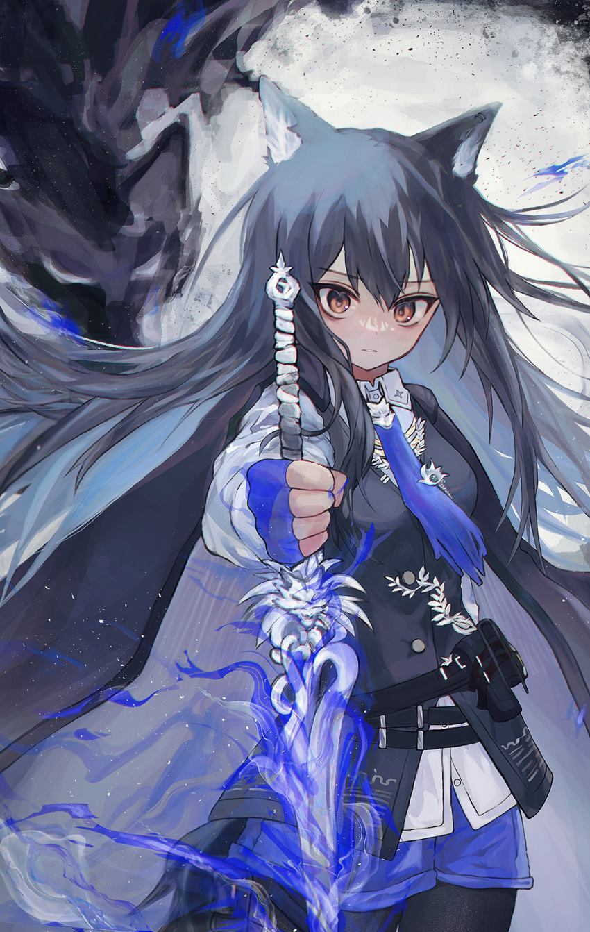 1girl animal_ear_fluff animal_ears arknights black_cape black_hair black_pantyhose black_vest blue_gloves blue_shorts brown_eyes cape closed_mouth commentary_request fingerless_gloves gloves hair_between_eyes highres holding holding_sword holding_weapon long_hair long_sleeves looking_at_viewer morita_(pixiv31883607) pantyhose pantyhose_under_shorts shirt short_shorts shorts solo sword texas_(arknights) texas_the_omertosa_(arknights) very_long_hair vest weapon white_shirt