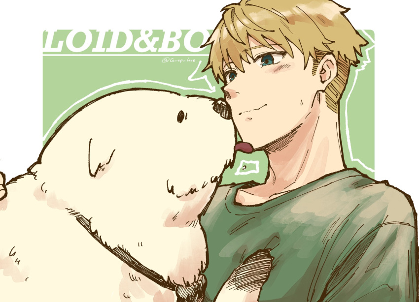 1boy amane_shinji blonde_hair bond_(spy_x_family) character_name dog green_background green_shirt highres licking licking_another's_face male_focus shirt short_hair simple_background smile spy_x_family sweatdrop t-shirt twilight_(spy_x_family)
