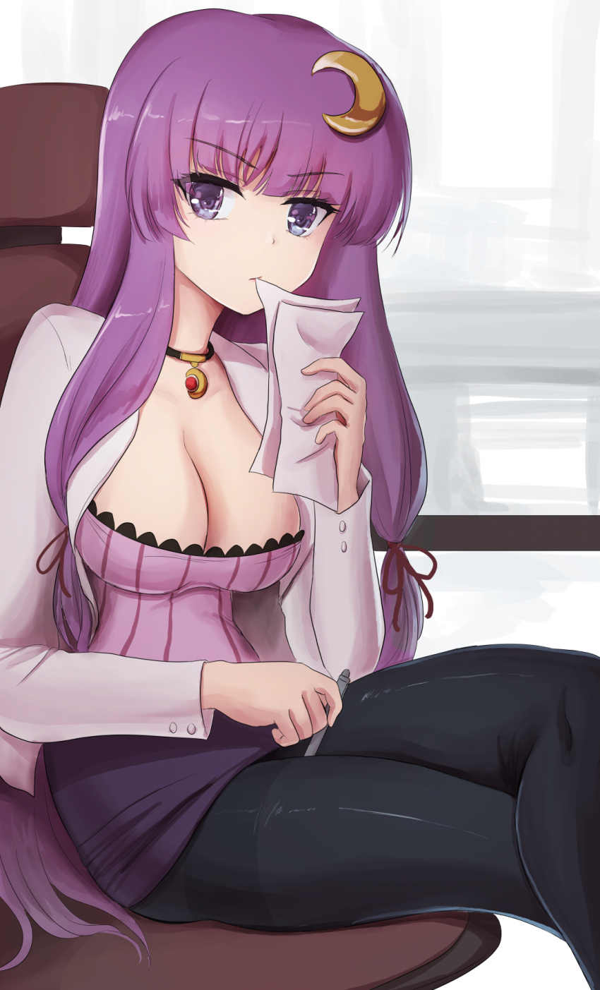 1girl black_pantyhose bow breasts cleavage crescent crescent_hair_ornament crescent_pin dress hair_bow hair_ornament highres large_breasts long_hair looking_at_viewer namiki_(remiter00) pantyhose patchouli_knowledge pink_robe purple_eyes purple_hair red_bow red_ribbon ribbon robe sitting solo striped striped_dress touhou vertical-striped_dress vertical_stripes very_long_hair
