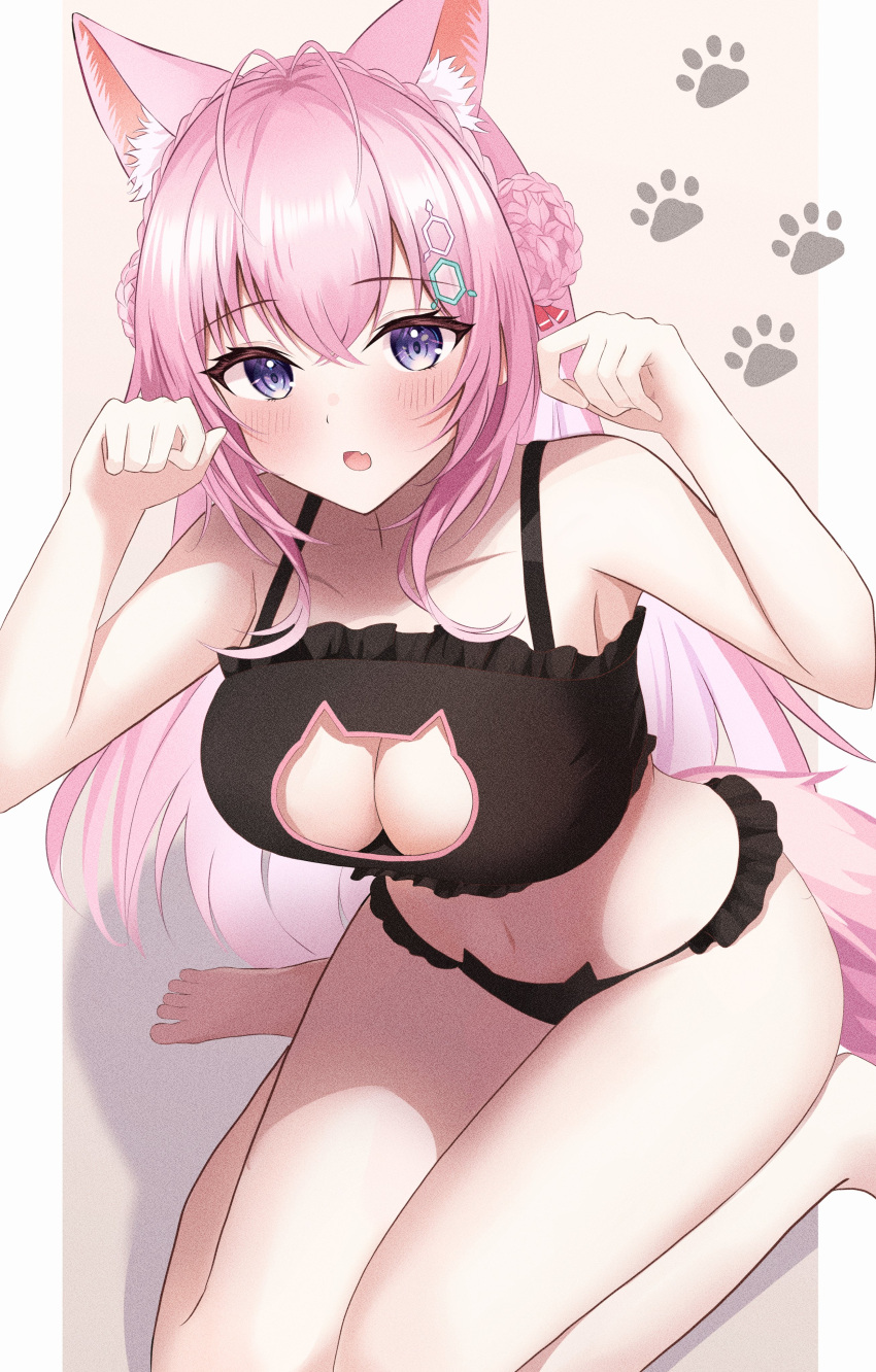 1girl absurdres animal_ear_fluff animal_ears barefoot black_bra black_panties bra breasts cat_cutout cat_ear_panties cat_lingerie cleavage_cutout clothing_cutout feet hair_between_eyes hakui_koyori highres hololive long_hair looking_at_viewer meme_attire onabe_no_shime open_mouth panties pink_hair pink_tail purple_eyes solo tail toes underwear very_long_hair virtual_youtuber wolf_ears wolf_tail