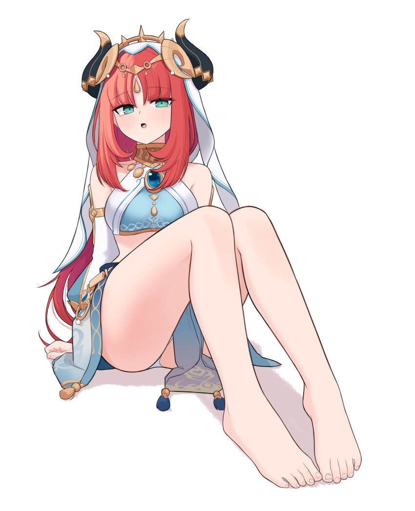 1girl absurdres aqua_eyes arm_support bare_legs bare_shoulders barefoot bebetang blue_gemstone blue_skirt blunt_bangs bracer breasts circlet fake_horns fingernails gem genshin_impact gold_trim harem_outfit highres horns jewelry knees_up long_hair long_sleeves looking_at_viewer medium_breasts neck_ring nilou_(genshin_impact) open_mouth panties parted_bangs puffy_long_sleeves puffy_sleeves reclining red_hair sidelocks simple_background sitting skirt solo toenails toes underwear white_background white_headdress white_panties white_veil