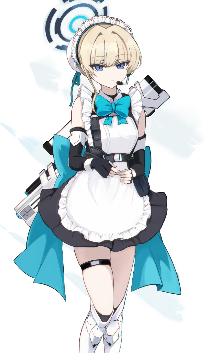 1girl absurdres apron blonde_hair blue_archive blue_bow blue_bowtie blue_eyes blue_ribbon bow bowtie closed_mouth commentary elbow_gloves feet_out_of_frame fingerless_gloves gloves hair_ribbon halo highres maid maid_headdress multicolored_hair onmoynn ribbon short_hair solo streaked_hair tactical_maid thigh_strap toki_(blue_archive) unconventional_maid white_apron