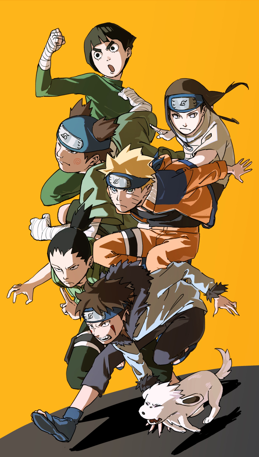 6+boys absurdres black_hair blonde_hair blue_eyes brown_hair character_request commentary_request dog facial_mark forehead_protector headband highres hyuuga_neji male_focus multiple_boys nara_shikamaru naruto naruto_(series) ninja pnpk_1013 rock_lee simple_background uzumaki_naruto whisker_markings yellow_background