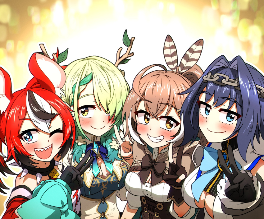 4girls animal_ears antlers black_hair blue_eyes blue_gemstone blue_hair blue_ribbon braid braided_bangs branch brown_capelet brown_corset brown_eyes brown_hair capelet ceres_fauna ceres_fauna_(1st_costume) collar corset ddolbang detached_sleeves dress flower gem green_hair grin hair_flower hair_ornament hair_over_one_eye hakos_baelz hakos_baelz_(1st_costume) head_chain hieroglyphics highres holocouncil hololive hololive_english looking_at_viewer mole mole_under_eye mouse_ears multicolored_hair multiple_girls nanashi_mumei nanashi_mumei_(1st_costume) one_eye_closed ouro_kronii ouro_kronii_(1st_costume) red_hair ribbon sailor_collar smile spiked_collar spikes streaked_hair v virtual_youtuber white_hair yellow_eyes