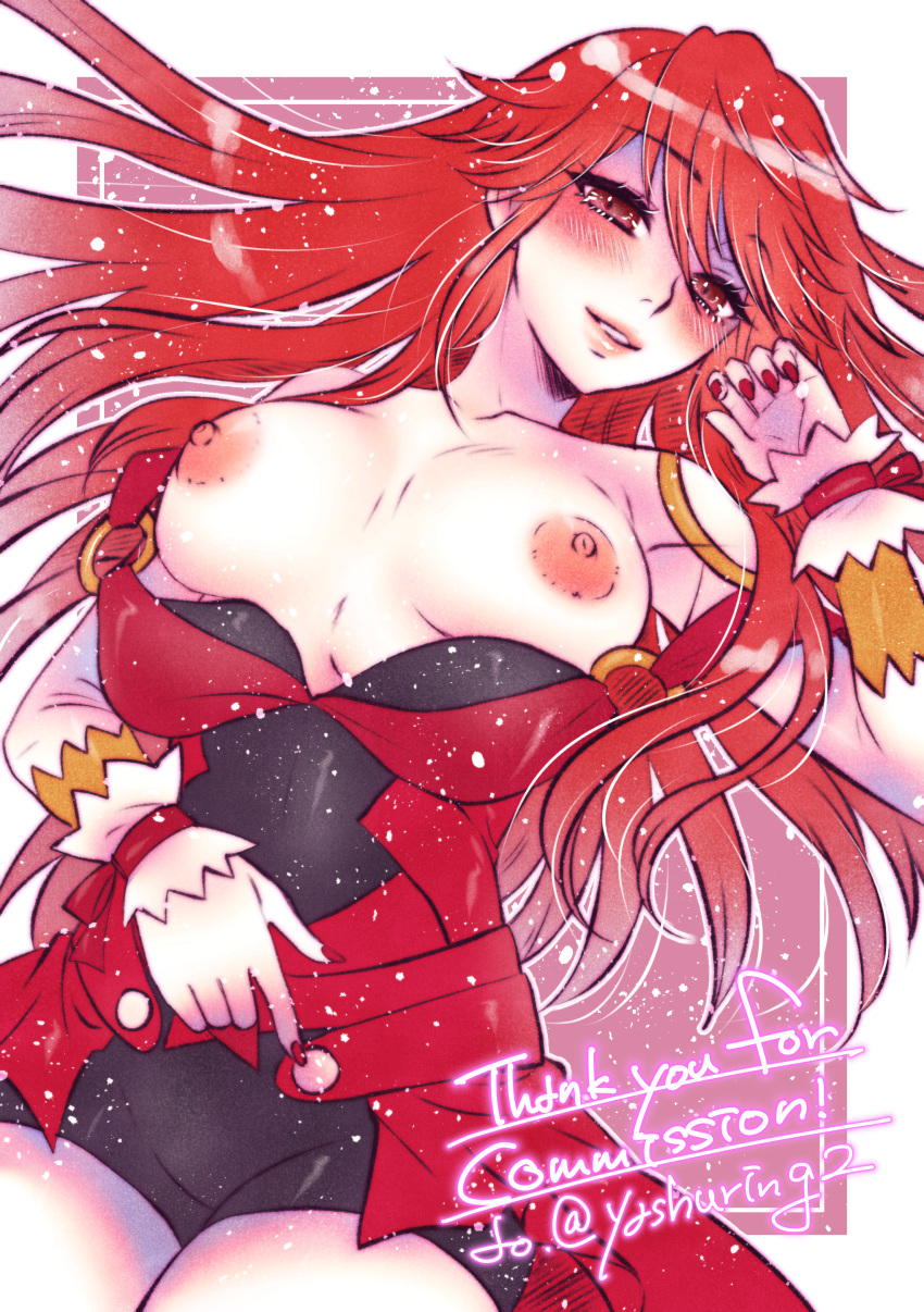 1girl absurdres ao_(yashuring) blush breasts breasts_out commission commissioner_upload douluo_dalu hand_on_own_stomach highres long_hair lying ma_xiaotao_(douluo_dalu) nipples non-web_source o-ring_dress on_back parted_lips partially_undressed red_eyes red_hair red_nails skeb_commission smile solo teeth upper_body