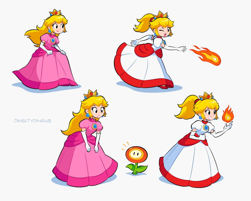 1girl artist_name blonde_hair crown dress earrings elbow_gloves fire fire_flower fire_flower_(transformation) fire_peach full_body gem gloves hair_between_eyes hand_up high_heels highres jewelry long_hair looking_to_the_side mario_(series) one_eye_closed open_mouth pink_dress ponytail princess_peach puffy_short_sleeves puffy_sleeves shadow short_sleeves solo super_mario_3d_world vinny_(dingitydingus) white_background white_dress white_gloves