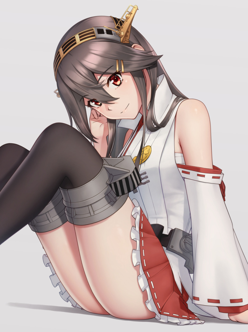 1girl ass bare_shoulders black_hair black_thighhighs closed_mouth detached_sleeves frilled_skirt frills hair_between_eyes hair_ornament hairband hairclip haruna_(kancolle) haruna_kai_ni_(kancolle) headgear highres japanese_clothes kantai_collection long_hair nontraditional_miko pleated_skirt porupurucha red_eyes red_skirt ribbon-trimmed_sleeves ribbon_trim simple_background sitting skirt smile solo thighhighs white_background white_sleeves wide_sleeves