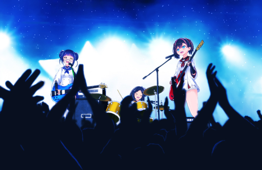 3girls ai_grandia amplifier arm_warmers audience bare_legs bass_guitar black_hair blonde_hair blue_eyes blue_hair blue_neckerchief buttons clapping closed_eyes commentary_request double-breasted double_bun dress drum drum_set drumsticks electric_guitar glasses guitar hair_bun highres holding_guitar horinuki_masamune houchou_masamune instrument light_blue_hair microphone microphone_stand multicolored_hair multiple_girls neckerchief open_mouth pink_hair red_neckerchief semi-rimless_eyewear short_hair stage stage_lights streaked_hair sukashi_masamune teeth tenka_hyakken twintails two-tone_hair under-rim_eyewear upper_teeth_only white_dress yellow_eyes