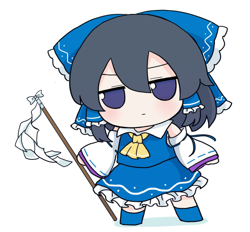 1girl alternate_color black_eyes black_hair blue_bow blue_shirt blue_skirt bow closed_mouth commentary detached_sleeves frilled_skirt frills full_body fumo_(doll) gohei hair_bow hair_tubes hakurei_reimu highres holding looking_at_viewer rei_(tonbo0430) shide shirt short_hair sidelocks skirt solo standing touhou