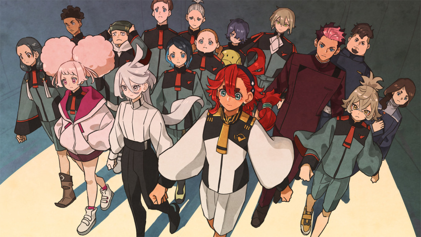 6+boys 6+girls afro_puffs ahoge aliya_mahvash asticassia_school_uniform belmeria_winston blue_eyes blue_hair brown_hair chuatury_panlunch dark-skinned_female dark-skinned_male dark_skin felsi_rollo green_eyes grey_eyes grey_hair guel_jeturk gundam gundam_suisei_no_majo haro kenanji_avery lilique_kadoka_lipati martin_upmont miorine_rembran multicolored_hair multiple_boys multiple_girls nika_nanaura nuno_kargan official_art ojelo_gabel pink_eyes pink_hair red_hair rouji_chante school_uniform suletta_mercury takeuchi_ryousuke till_nys two-tone_hair walking