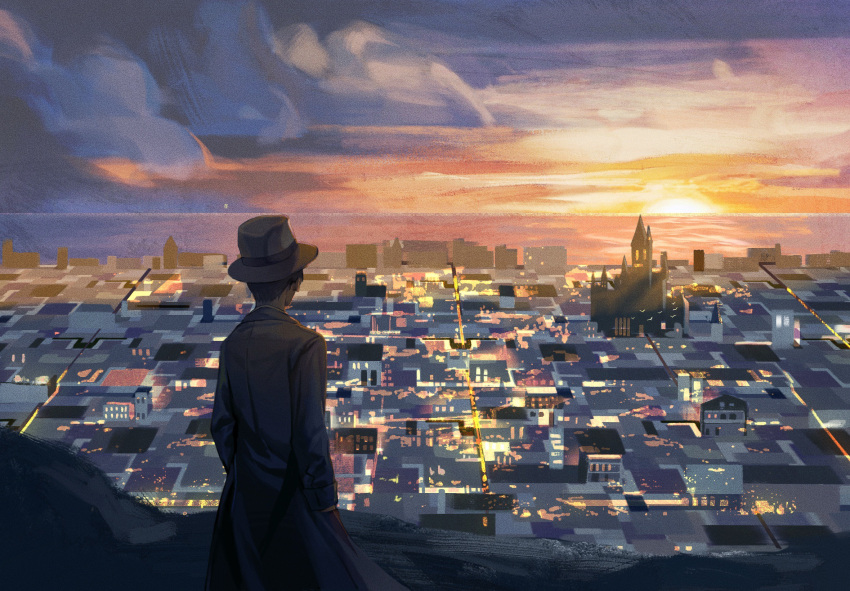 1boy building cathedral chinese_commentary city city_lights cityscape cloud commentary_request dusk from_behind hat highres horizon jacket klein_moretti looking_afar lord_of_the_mysteries maikelaien ocean shirt short_hair silhouette solo sun sunset white_shirt