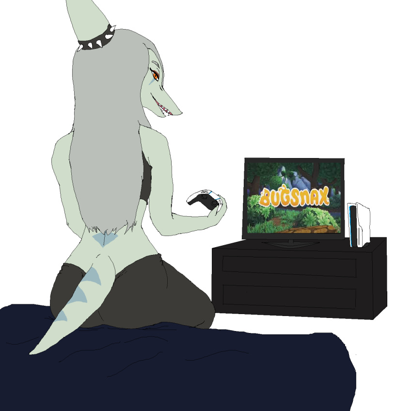 anthro blue_body bugsnax controller dinosaur fang_(gvh) female game_controller gaming goodbye_volcano_high hair hi_res long_hair long_snout ps5_console ps5_controller pterodactylus pterosaur reptile scalie sharp_teeth silver_hair simple_background sitting snoot_game_(fan_game) snout solo teeth unknown_artist white_background young_horses
