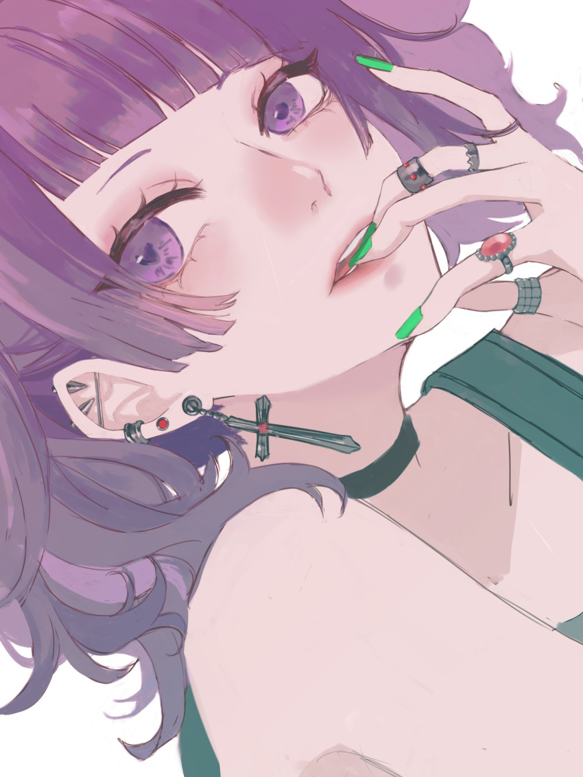 1girl asymmetrical_bangs black_choker blunt_bangs blush choker diagonal_bangs dutch_angle ear_piercing earrings fingernails green_nails highres idolmaster idolmaster_shiny_colors jewelry looking_at_viewer messy_hair nail_polish naruse_chika parted_lips piercing purple_eyes purple_hair ring simple_background solo tanaka_mamimi white_background