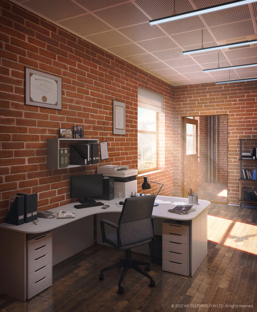 3d artist_name book book_stack bookshelf brick_wall ceiling ceiling_light day desk drawer highres indoors interior light_rays no_humans original scenery sunlight surafin window