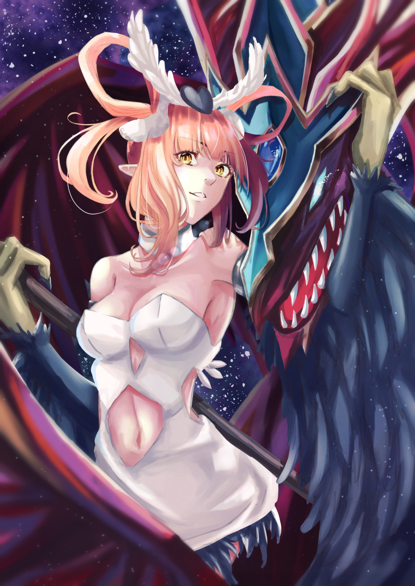 1girl absurdres armored_animal bare_shoulders black_wings breasts claws cleavage clothing_cutout dragon duel_monster feathered_wings feathers hair_rings harpie's_pet_dragon harpie_channeler harpy highres holding holding_staff long_hair looking_at_viewer monster_girl navel navel_cutout orange_hair parted_lips pointy_ears repurika staff talons twintails winged_arms wings yellow_eyes yu-gi-oh!