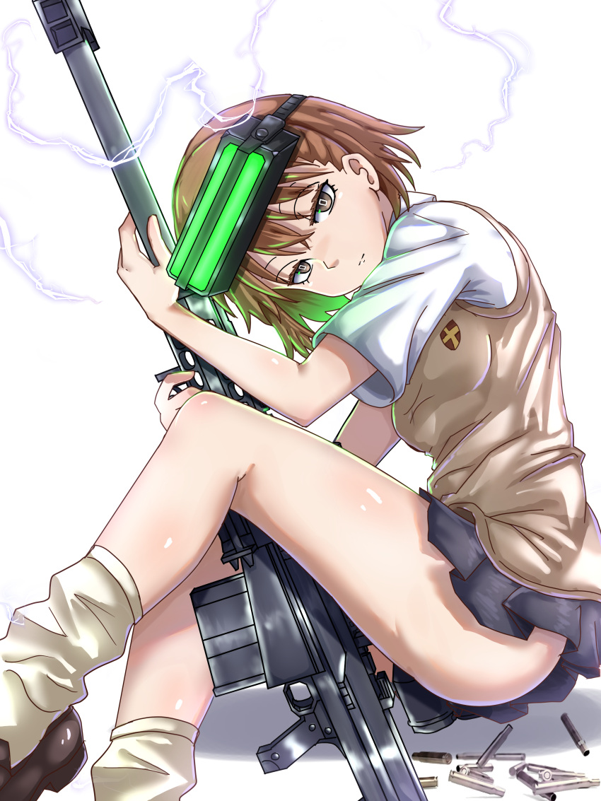 1girl absurdres ankle_socks brown_eyes brown_hair brown_sweater_vest closed_mouth ebora electricity electrokinesis expressionless from_side goggles grey_skirt gun highres holding holding_gun holding_weapon medium_hair misaka_imouto school_uniform short_sleeves simple_background sitting skirt socks solo summer_uniform sweater_vest toaru_majutsu_no_index tokiwadai_school_uniform weapon white_background white_socks