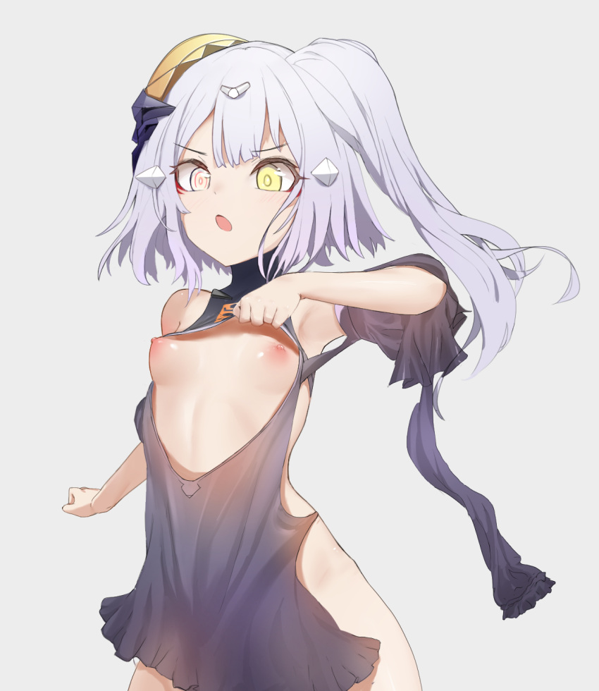 1girl :o armpits bare_shoulders black_dress breasts center_opening clothes_lift dress english_commentary ever_(nann2013) girls'_frontline grey_hair hair_ornament headgear heterochromia highres lifted_by_self narciss_(girls'_frontline) nipples open_mouth paradeus pink_eyes short_hair simple_background small_breasts solo white_background white_hair yellow_eyes