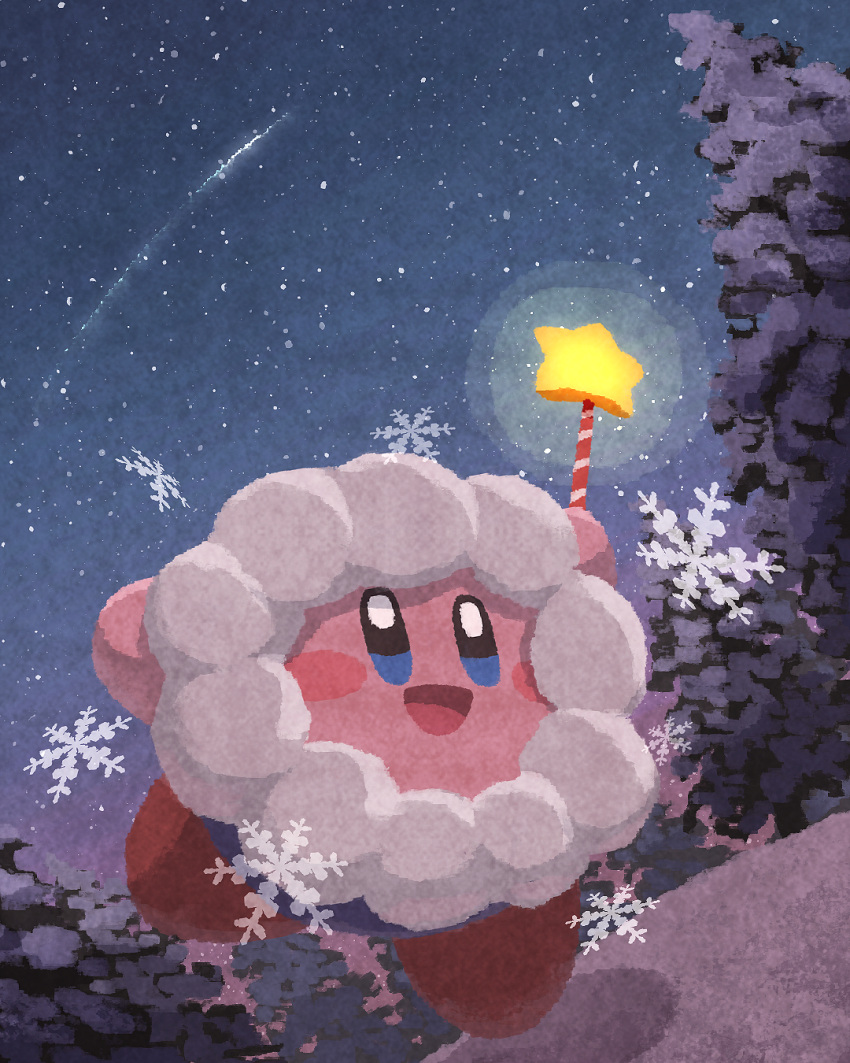 blue_eyes blush_stickers comet copy_ability forest freeze_kirby highres holding holding_wand kirby kirby_(series) miclot nature no_humans open_mouth outdoors pink_footwear shoes sky smile snow snowflakes star_(sky) star_wand starry_sky tree wand winter