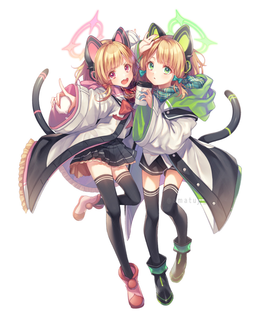 2girls amatsuji animal_ear_headphones animal_ears black_footwear black_thighhighs blonde_hair blue_archive boots cat_tail coffee_cup cup disposable_cup fake_animal_ears full_body green_eyes green_halo halo headphones highres holding holding_cup jacket midori_(blue_archive) momoi_(blue_archive) multiple_girls open_clothes open_jacket pink_footwear pink_halo red_eyes short_hair siblings sisters tail thighhighs twins white_jacket