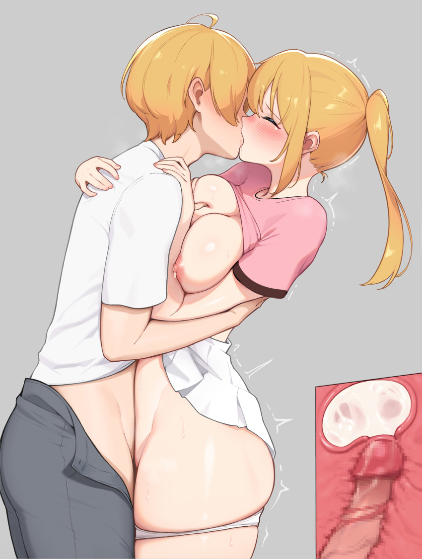 1boy 1girl absurdres ahoge blonde_hair blush breasts brother_and_sister closed_eyes clothes_lift clothes_pull commentary_request cross-section cum cum_in_pussy ear_blush ejaculation female_orgasm grabbing grabbing_another's_breast grey_background hetero highres hoshino_aquamarine hoshino_ruby houkago_shounen hug incest internal_cumshot kiss large_breasts nipples orgasm oshi_no_ko panties pants pants_pull panty_pull penis pink_shirt ponytail profile red_eyes sex shirt shirt_lift siblings simple_background skindentation skirt skirt_lift standing standing_missionary standing_sex sweatdrop trembling twincest twins underwear uterus white_shirt