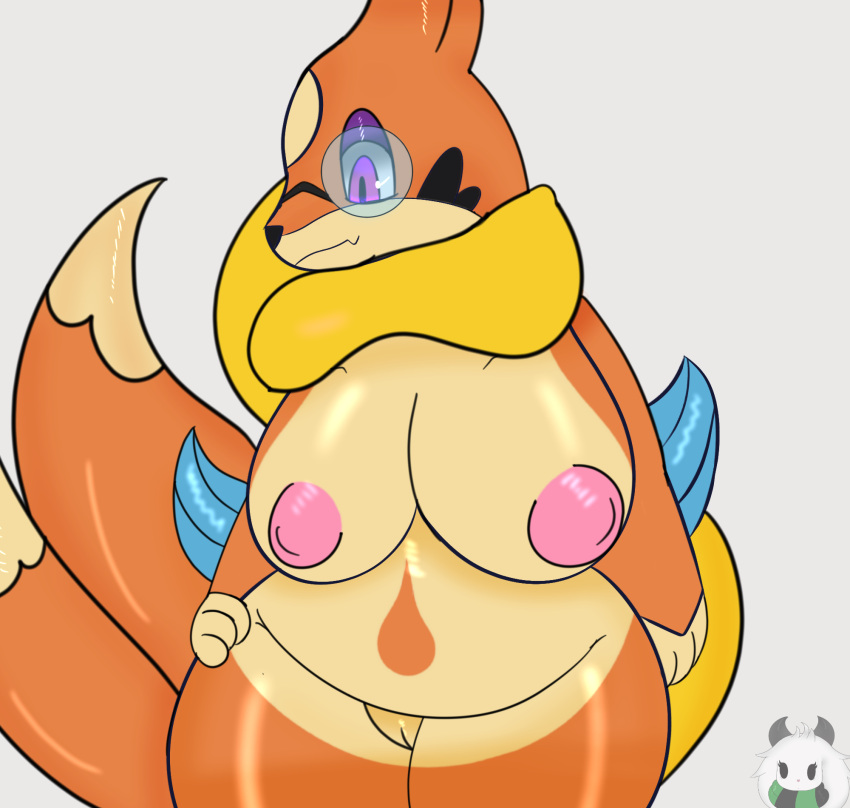 animal_humanoid anthro areola big_breasts breasts eyewear female floatzel fur game_freak generation_4_pokemon genitals glasses hands_on_hips hi_res humanoid looking_down mammal mammal_humanoid miyang_draws! multicolored_body multicolored_fur nintendo nipples pink_areola pink_nipples pokemon pokemon_(species) pussy simple_background solo white_background