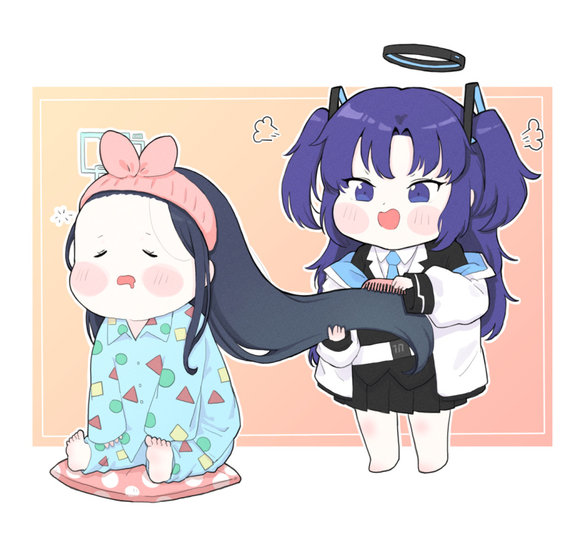 2girls absurdly_long_hair adjusting_another's_hair alternate_costume aqua_pajamas aris_(blue_archive) barefoot belt black_hair blazer blue_archive blush_stickers brushing_hair chibi coat collared_shirt comb commentary_request cushion drooling full_body hair_between_eyes hair_ornament hairband halo holding holding_comb hooded_coat jacket long_hair long_sleeves looking_at_another multiple_girls necktie open_clothes open_coat parted_bangs pleated_skirt puffy_cheeks purple_eyes purple_hair school_uniform shirt sidelocks simple_background sitting skirt sleepy soles standing toes very_long_hair white_coat yosik yuuka_(blue_archive)