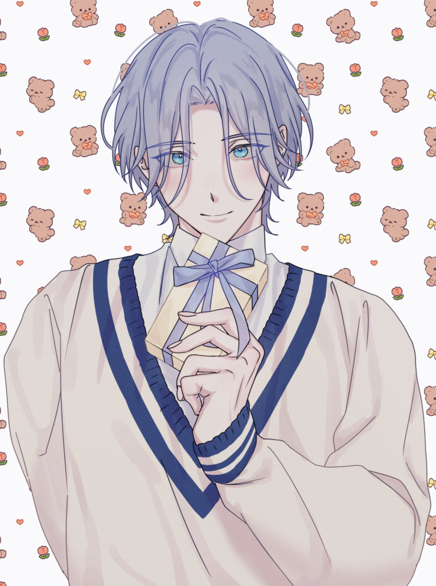 1boy absurdres arm_behind_back bishounen blue_eyes blue_hair bow closed_mouth collared_shirt commentary_request eyes_visible_through_hair floral_background gift hand_up hasegawa_langa highres holding holding_gift korean_commentary long_sleeves looking_at_viewer male_focus medium_hair mi_muuuu shirt simple_background sk8_the_infinity smile solo split_mouth straight-on sweater_vest upper_body white_background yellow_bow