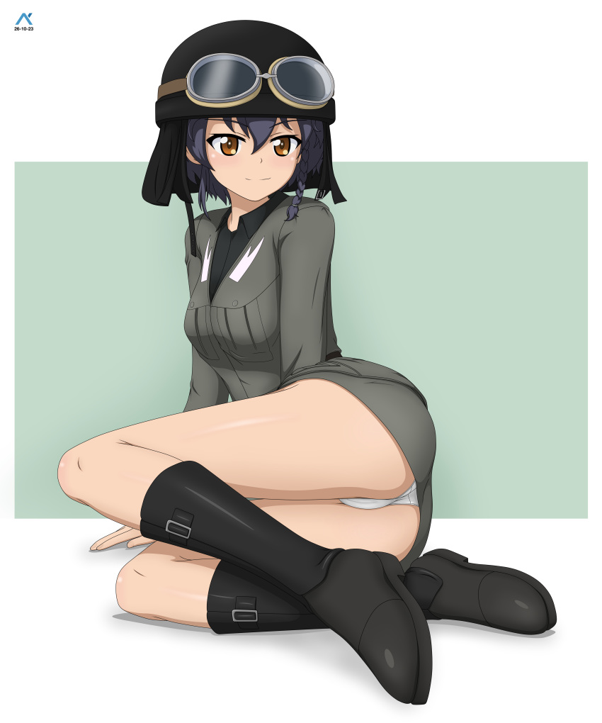 1girl absurdres acrux anzio_military_uniform arm_support artist_logo black_footwear black_hair black_headwear black_shirt boots braid brown_eyes commentary crotch_seam dated dress_shirt english_commentary girls_und_panzer goggles goggles_on_headwear grey_jacket grey_skirt helmet highres jacket knee_boots long_sleeves military_uniform miniskirt panties pantyshot pepperoni_(girls_und_panzer) shirt short_hair side_braid sitting skirt solo underwear uniform white_panties wing_collar yokozuwari