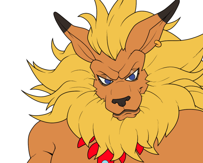 2023 3rdharleyjoe anthro bandai_namco black_nose blue_eyes clothed clothing digimon digimon_(species) ear_piercing ear_ring flat_colors fur half-length_portrait leomon looking_at_viewer male mane piercing portrait prick_ears ring_piercing simple_background snout solo topless topless_anthro topless_male unfinished white_background yellow_body yellow_fur zoom_in