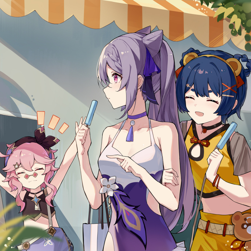 3girls alternate_costume animal_ears arms_up bag bare_shoulders black_choker blue_hair bow braid breasts brown_hairband choker closed_eyes closed_mouth cone_hair_bun dori_(genshin_impact) fake_animal_ears flower food genshin_impact hair_bow hair_bun hair_ornament hairband handbag highres holding holding_food holding_hands holding_ice_cream ice_cream keqing_(genshin_impact) looking_to_the_side medium_breasts multiple_girls open_mouth outdoors pink_eyes pink_hair purple_choker purple_hair short_hair_with_long_locks small_breasts smile thick_eyebrows twintails white_bag white_flower x_hair_ornament xiangling_(genshin_impact) yajuu