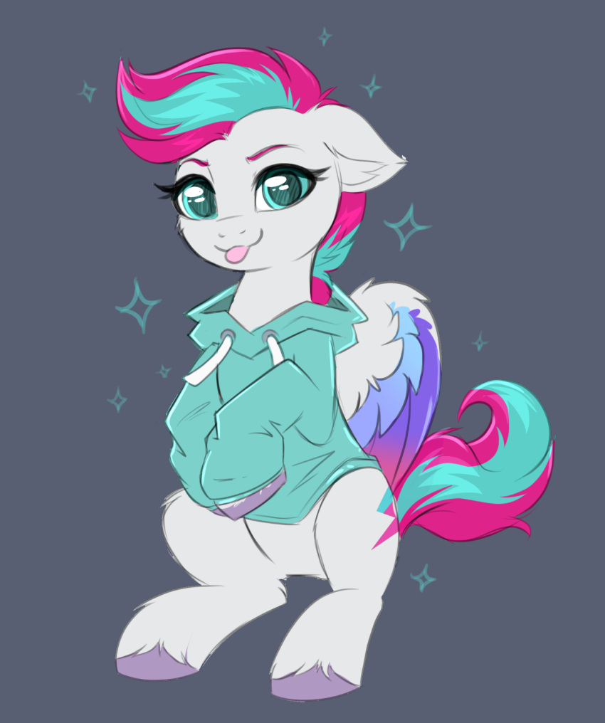 blue_eyes clothing confetticakez cutie_mark equid equine female fur hasbro hi_res hoodie hooves looking_at_viewer mammal mlp_g5 my_little_pony pegasus solo sparkles tongue tongue_out topwear white_body white_fur wings zipp_storm_(mlp)