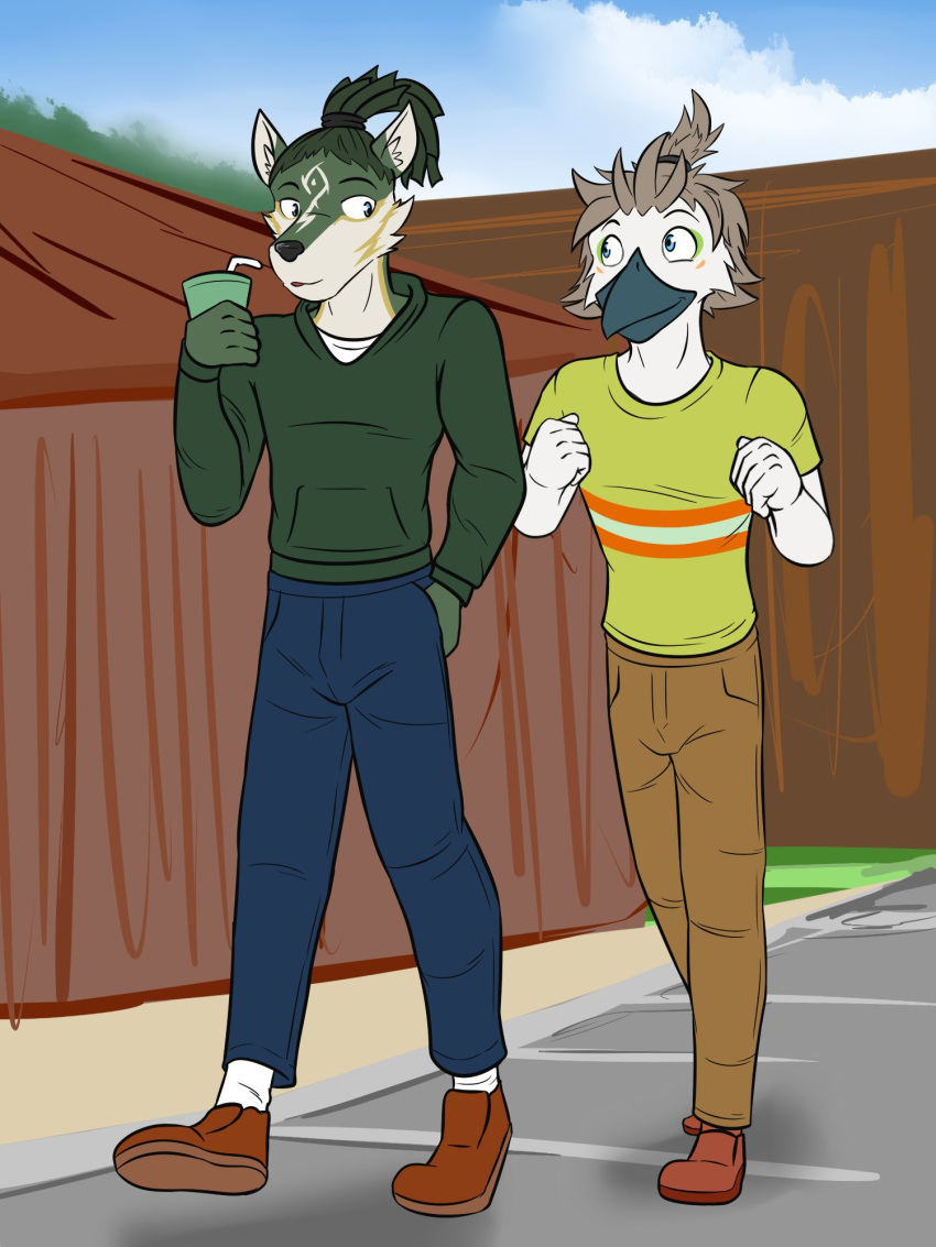 anthro avian beverage bottomwear canid canine canis clothed clothing denim denim_clothing duo footwear fully_clothed fuze hair hand_in_pocket hi_res holding_beverage holding_object hoodie jeans link_(wolf_form) male mammal nintendo outside pants pockets ponytail rito shirt shoes t-shirt the_legend_of_zelda topwear tulin_(tloz) walking wolf