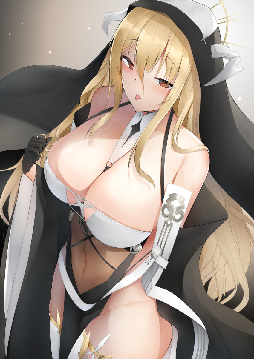 1girl azur_lane bare_shoulders between_breasts black_gloves blonde_hair breast_cutout breasts cleavage covered_navel cowboy_shot fake_horns from_above gloves habit hair_between_eyes half_gloves highres horns huge_breasts implacable_(azur_lane) long_bangs long_hair looking_at_viewer no_panties nori_aji nun pelvic_curtain red_eyes revealing_clothes see-through solo standing thighhighs two-tone_dress veil very_long_hair white_horns white_thighhighs