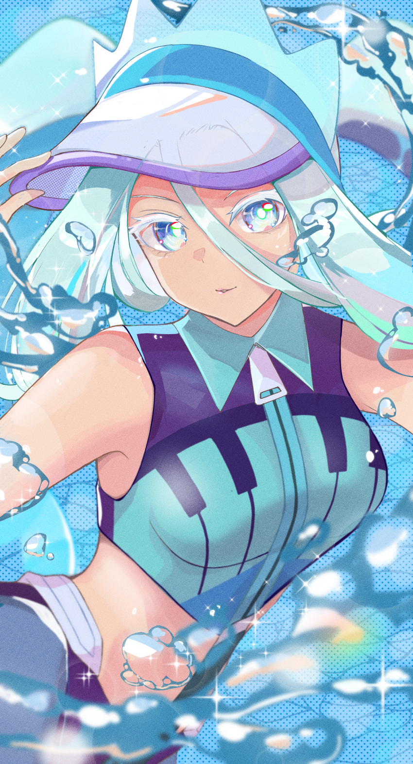 1girl absurdres bare_shoulders blurry breasts buckle colored_eyelashes commentary_request depth_of_field green_hair grey_headwear hair_between_eyes hand_up hatsune_miku highres long_hair looking_at_viewer pokemon project_voltage smile solo sparkle swimsuit syobonira twintails visor_cap vocaloid water water_drop water_miku_(project_voltage) zipper_pull_tab