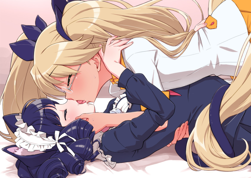 2girls animal_ear_fluff animal_ears blonde_hair blue_hair blue_shirt cat_ears cat_girl cat_tail closed_eyes cyan_(show_by_rock!!) drill_hair french_kiss girl_on_top glasses kiss long_hair long_sleeves lying multiple_girls on_back retoree_(show_by_rock!!) saliva senzoc shirt show_by_rock!! tail tongue tongue_out twintails white_shirt yuri