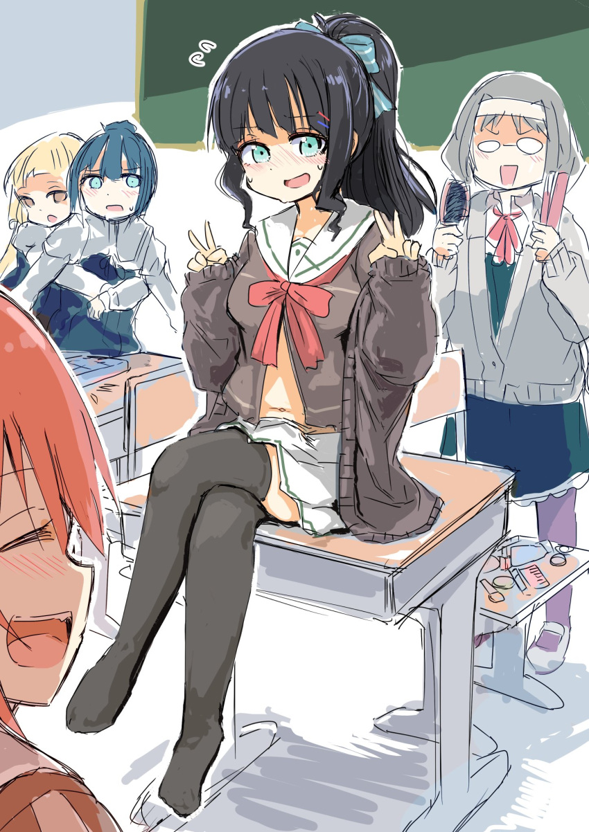 1girl 5girls black_hair black_thighhighs blush cardigan character_request commentary_request copyright_request crossed_legs desk double_v embarrassed full_body highres icarus_(2010741) looking_at_viewer midriff_peek miniskirt multiple_girls navel on_desk ponytail school_uniform serafuku sitting sitting_on_desk skirt sweat tagme thighhighs v zettai_ryouiki