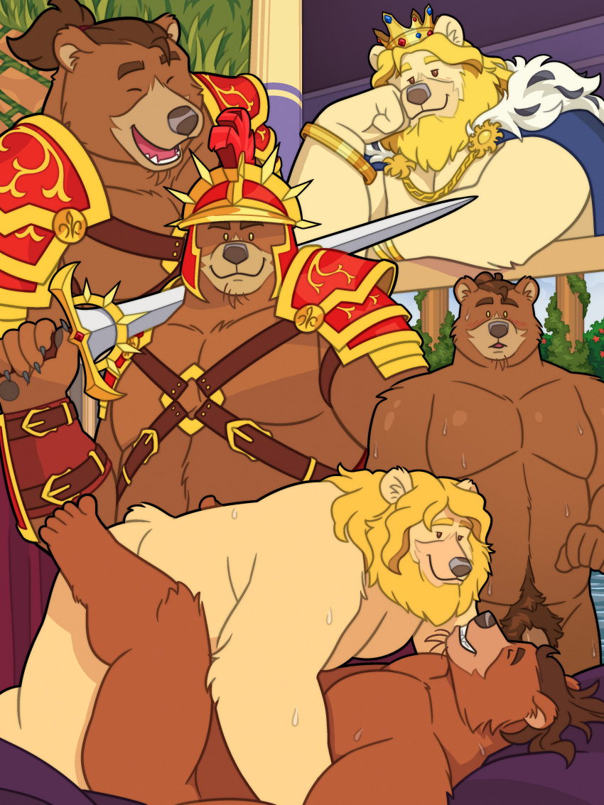 absurd_res anal anthro armor bear beard bed_sheet bedding bedroom_eyes blonde_beard blonde_hair bodily_fluids body_hair bracelet brooch brown_bear brown_body brown_eyes brown_fur brown_hair brown_pubes cape cel_shading cheek_tuft claws closed_smile clothed clothing column crown day detailed_background duo eyes_closed facial_hair facial_tuft flaccid flower from_front_position fur fur_cape fur_trim_(clothing) galea gem genitals gold_(metal) gold_jewelry grass grolar_bear hair happy_trail harness headgear helmet hi_res high-angle_view holding_object holding_sword holding_weapon hybrid inside jewelry king knight laminar_armor legs_up long_hair longsword looking_at_another looking_at_viewer looking_down looking_down_at_partner low-angle_view lying male male/male mammal melee_weapon missionary_position moobs mouth_closed multiple_angles multiple_scenes musclegut narrowed_eyes nude on_back open_mouth open_smile outside overweight overweight_male partially_clothed pawpads pecs penis pillar plant ponytail pubes quasarbearcat royalty seductive sex shaded short_tail skimpy_armor sky smile straps surprise surprised_expression sweat sweatdrop sword tail tan_body tan_fur tuft ursine vambraces warrior water wavy_hair weapon weapon_on_shoulder yellow_body yellow_eyes yellow_fur