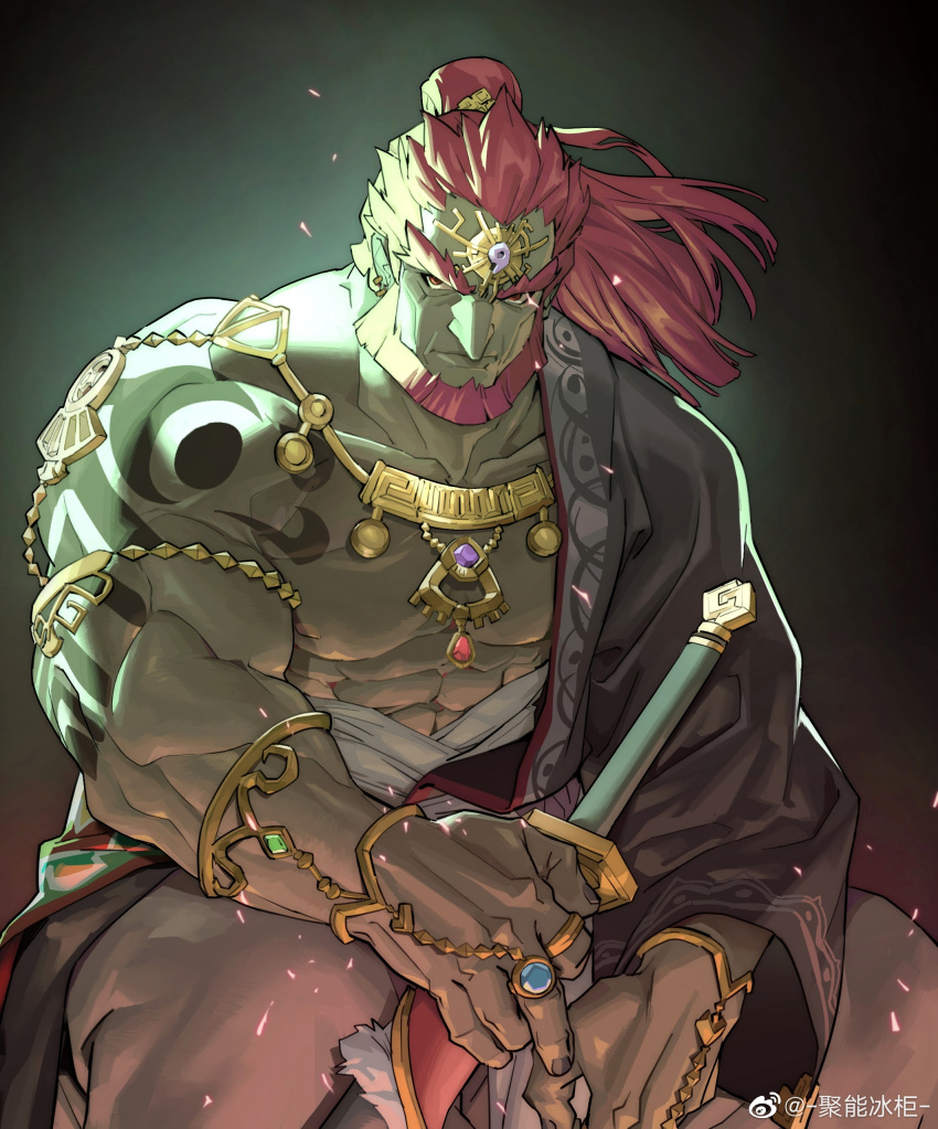 1boy abs absurdres armlet bara bare_pectorals beard biceps bracelet closed_mouth collarbone colored_skin commentary_request earrings facial_hair ganondorf gerudo green_skin highres jewelry ju_neng_binggui long_hair long_sideburns looking_at_viewer male_focus muscular muscular_male necklace pectorals ponytail red_eyes red_hair ring sideburns single_bare_shoulder sitting solo the_legend_of_zelda the_legend_of_zelda:_tears_of_the_kingdom thick_eyebrows v-shaped_eyebrows
