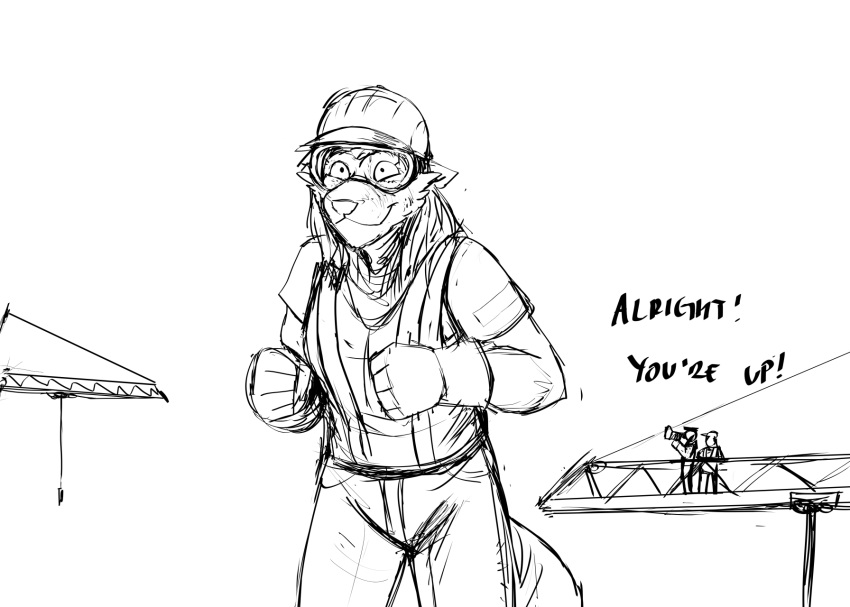 2023 anthro armor black_and_white canid canine clothing dialogue english_text excited extreme_size_difference eyewear female goggles group hard_hat headgear helmet hi_res hladilnik larger_female macro mammal monochrome size_difference text topwear trio vest