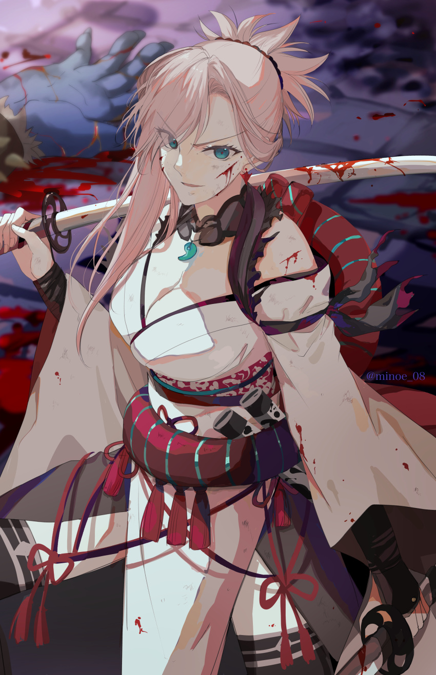 1girl absurdres artist_name asymmetrical_hair bare_shoulders black_thighhighs bleeding blood blood_on_face blood_on_weapon blue_eyes blurry blurry_background breasts depth_of_field dirty dirty_clothes dirty_face earrings eyes_visible_through_hair fate/samurai_remnant fate_(series) hair_bun hair_over_one_eye highres holding holding_sword holding_weapon japanese_clothes jewelry katana kimono large_breasts long_hair long_sleeves looking_at_viewer magatama magatama_necklace minoe08 miyamoto_musashi_(fate) monster necklace open_mouth over_shoulder pink_hair rope rubble scabbard scratches sheath shimenawa smirk solo_focus sword sword_over_shoulder tassel thighhighs twitter_username v-shaped_eyebrows weapon weapon_over_shoulder white_kimono wide_sleeves