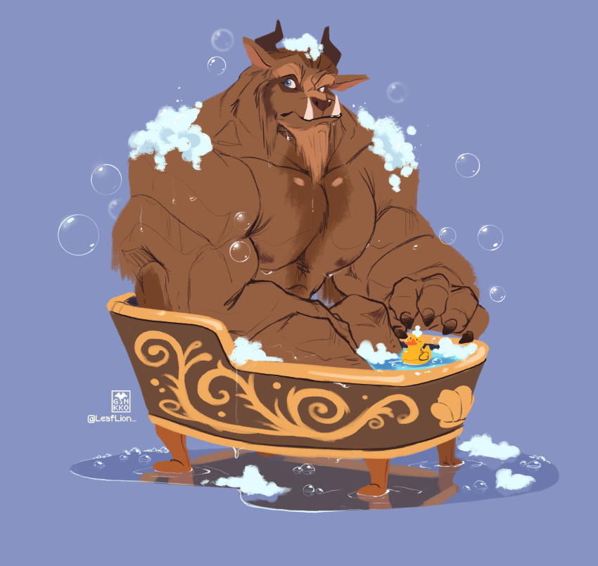 absurd_res bathing bathtub beard beast_(disney) beauty_and_the_beast blue_eyes bubble claws disney facial_hair fangs ginkko hi_res horn male mammal monster nipples nude pecs rubber_duck solo suds teeth water