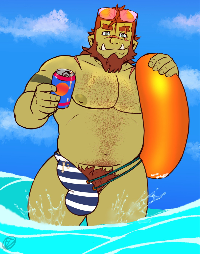 1boy alternate_costume bara beach belly blue_male_swimwear brown_hair chest_hair colored_skin covered_penis eyewear_on_head feet_out_of_frame full_beard green_skin hairy highres holding holding_innertube innertube large_pectorals looking_at_viewer male_focus male_pubic_hair male_swimwear mature_male medium_hair monster_boy multicolored_male_swimwear muscular muscular_male navel_hair onlytusks orc original pectorals plump pointy_ears pubic_hair smile solo standing sunglasses swim_briefs thick_beard thick_eyebrows thick_thighs thighs topless_male tusks unconventional_male_swimwear wading white_male_swimwear zorg_(onlytusks)