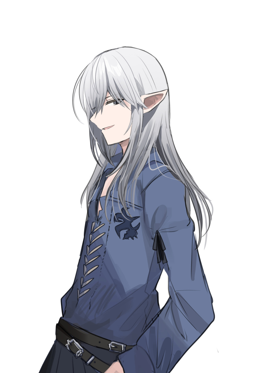 1boy belt belt_buckle black_belt blue_shirt buckle chihuri elezen elf estinien_varlineau final_fantasy final_fantasy_xiv grey_eyes grey_hair hair_between_eyes highres long_hair long_sleeves looking_at_viewer looking_to_the_side male_focus parted_lips pointy_ears shirt simple_background smile solo white_background