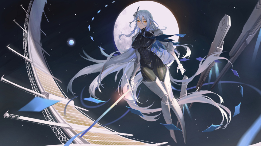 1girl arm_guards black_bodysuit bodysuit boots breasts guihuo_inferno highres holding holding_sword holding_weapon large_breasts long_hair looking_at_viewer moon original science_fiction skin_tight solar_panel space sword thigh_boots very_long_hair weapon white_hair yellow_eyes