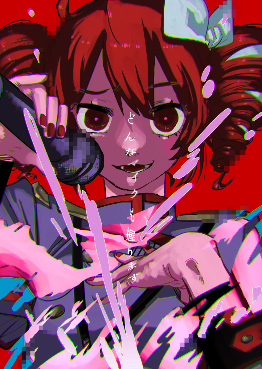 1girl absurdres bow buttons chromatic_aberration collarbone commentary double-breasted drill_hair epaulettes goechipi grey_shirt hair_bow hand_on_own_chest hands_up high_collar highres holding holding_microphone kasane_teto kasane_teto_(sv) looking_at_viewer microphone open_mouth pink_pupils pixelated raised_eyebrow red_background red_eyes red_hair red_nails revealing_layer shirt shoulder_belt sleeve_cuffs smirk solo straight-on synthesizer_v translation_request twin_drills uniform upper_body utau white_bow