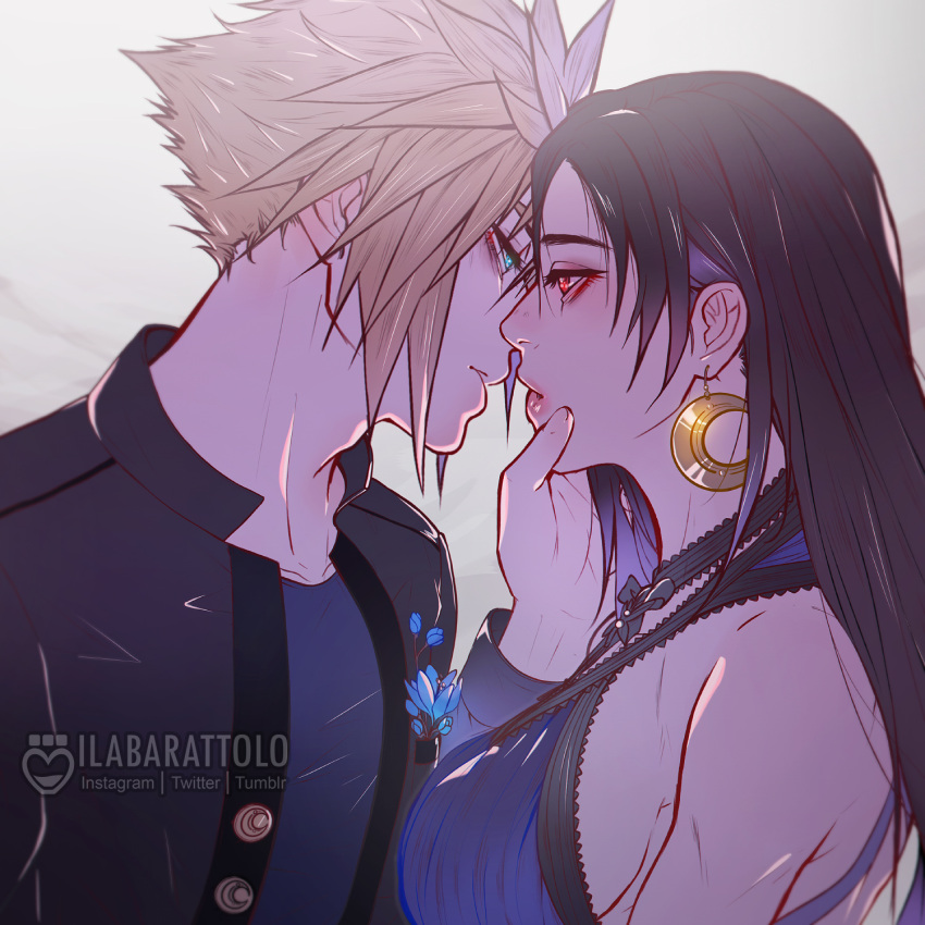 1boy 1girl artist_name bare_shoulders black_hair black_jacket blonde_hair blue_dress blue_eyes blue_flower blue_shirt breasts buttons casual cloud_strife collarbone couple crescent crescent_earrings crescent_moon dress earrings english_commentary eyeliner eyeshadow final_fantasy final_fantasy_vii final_fantasy_vii_remake flower from_side gold_earrings hair_behind_ear hand_on_another's_face hetero highres ilabarattolo imminent_kiss jacket jewelry large_breasts lips long_hair long_sleeves looking_at_another makeup moon official_alternate_costume red_eyes shirt sideboob single_earring sleeveless sleeveless_dress spiked_hair tifa_lockhart tifa_lockhart's_refined_dress toned upper_body watermark