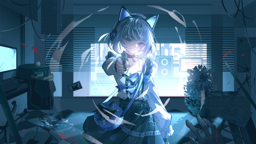 1girl aiming aiming_at_viewer animal_ear_headphones animal_ears bag black_gloves black_skirt blood blue_bow blue_bowtie blue_eyes bow bowtie cat_ear_headphones checkered_floor collared_shirt commentary fake_animal_ears fingerless_gloves gloves grey_hair gun headphones high-waist_skirt highres holding holding_gun holding_weapon hololive hololive_indonesia indoors official_alternate_costume out_of_frame pleated_skirt pov shirt shirt_tucked_in shoulder_bag skirt smile solo_focus suspender_skirt suspenders vestia_zeta vestia_zeta_(jirai_kei) virtual_youtuber weapon white_shirt zerotonedys